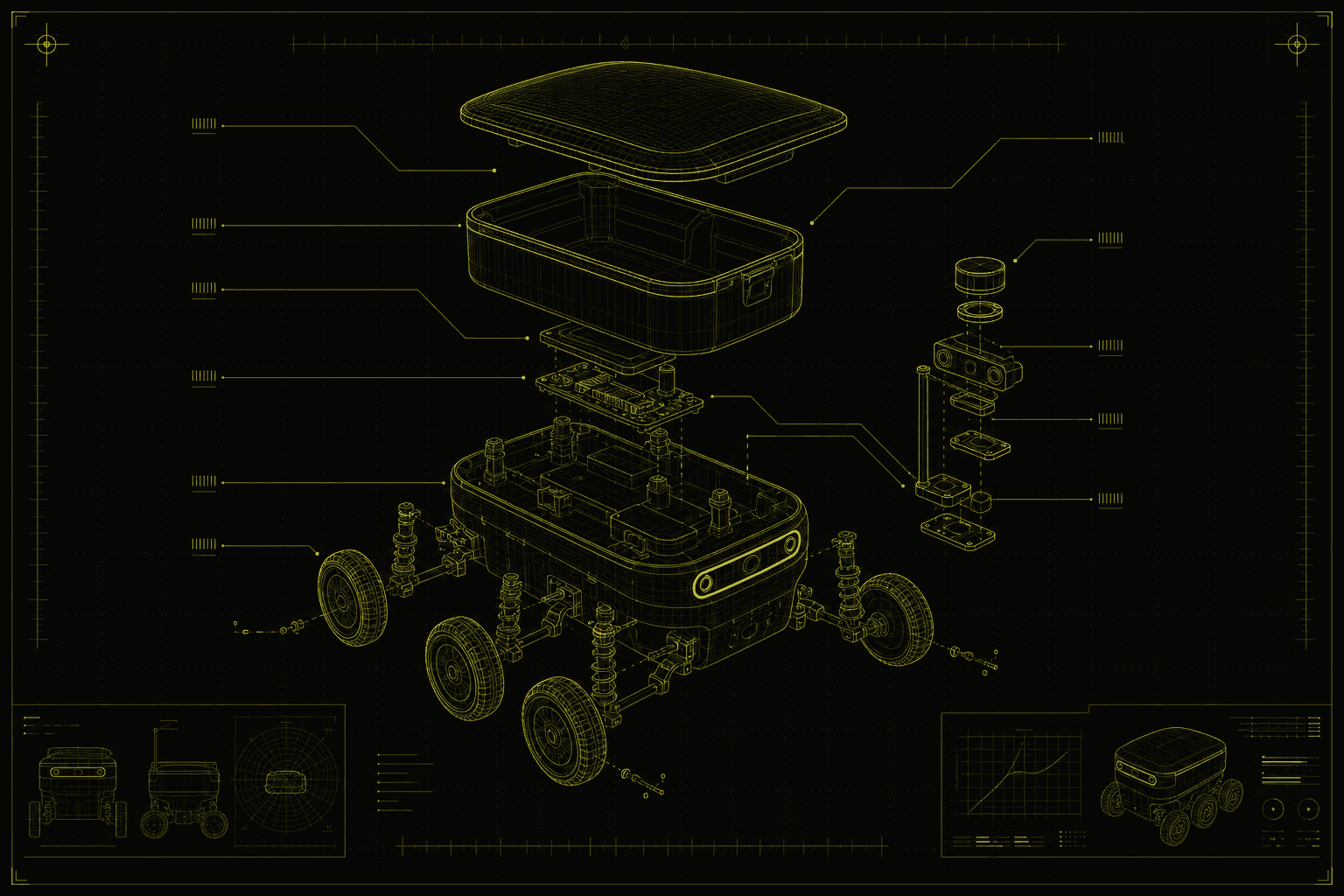 Exploded engineering blueprint of a delivery robot