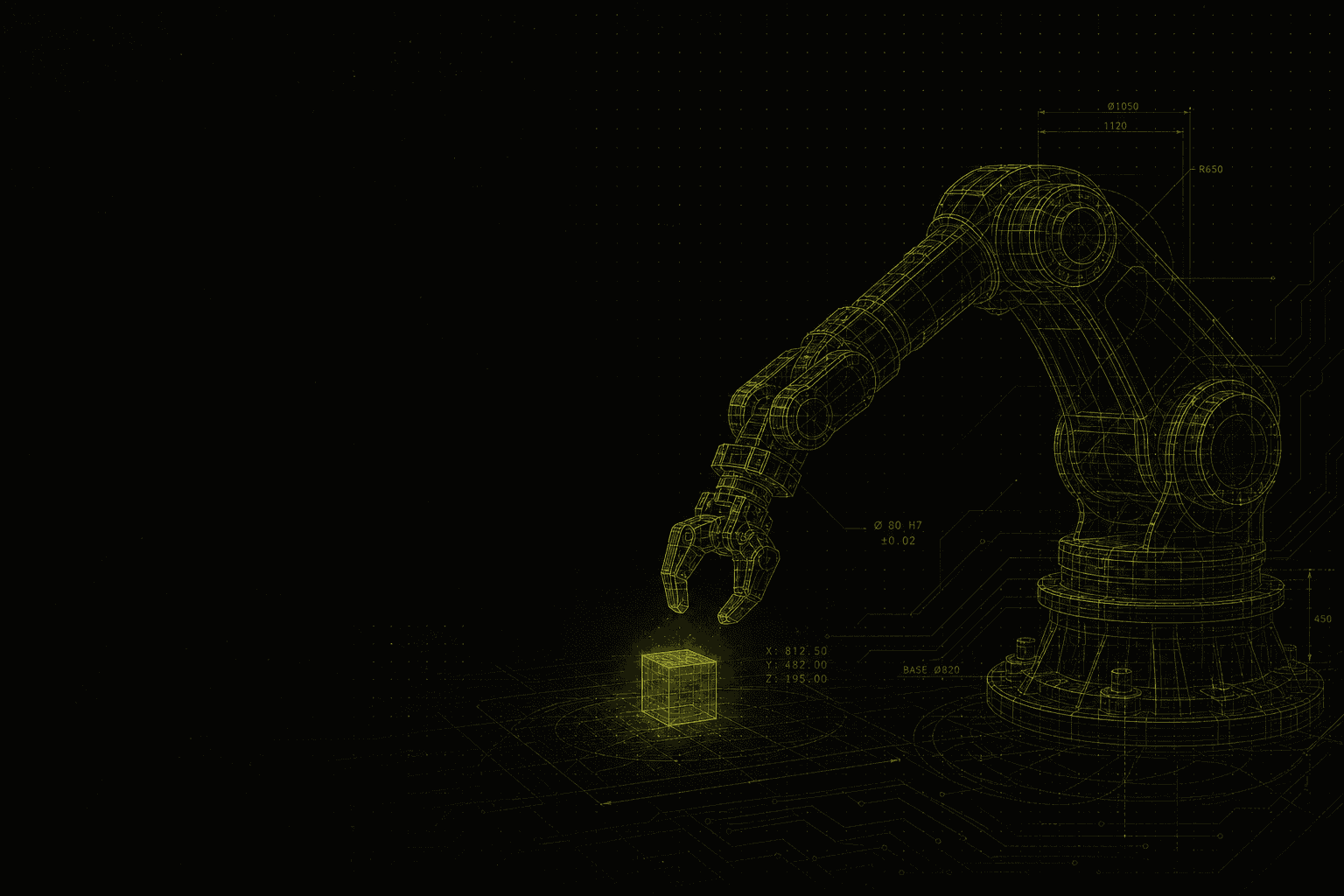 Wireframe robot arm reaching toward a glowing cube
