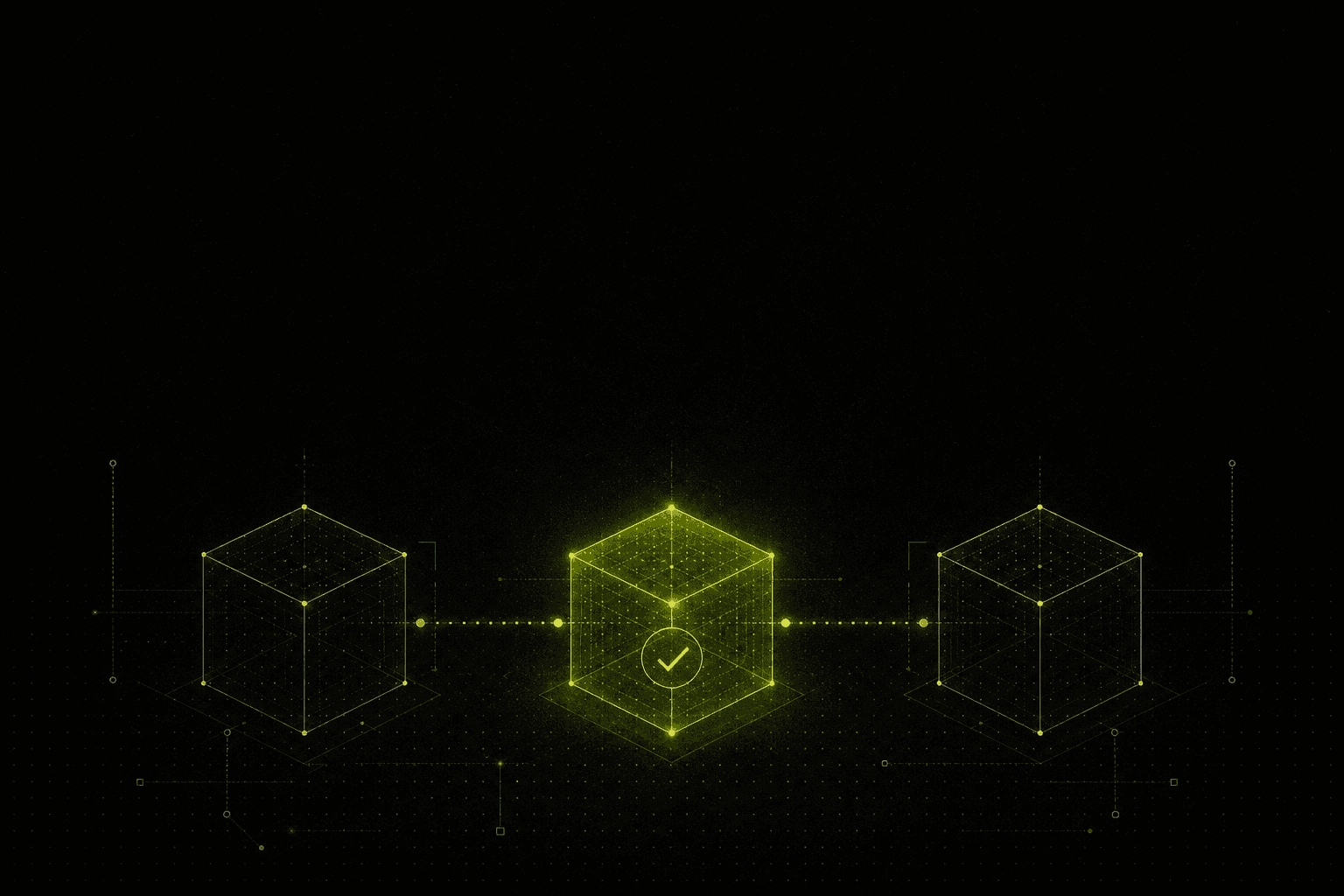 Three wireframe blocks in a chain, the middle one glowing with a checkmark