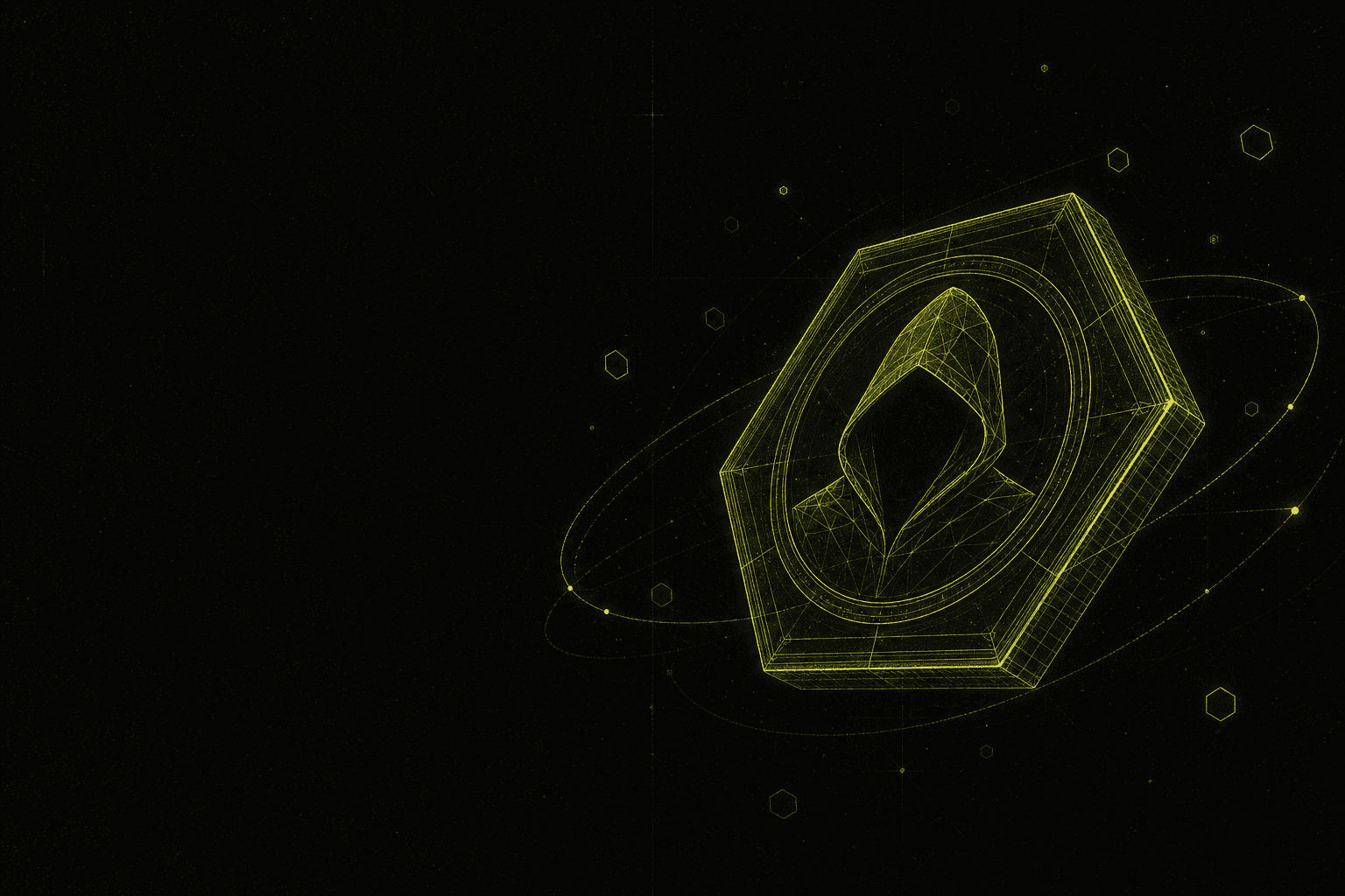 Wireframe hexagonal coin with a hooded emblem, orbited by rings